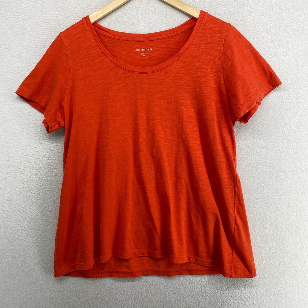EILEEN FISHER Top S Organic Cotton Slub Jersey Scoop Neck Short Sleeve Basic Red